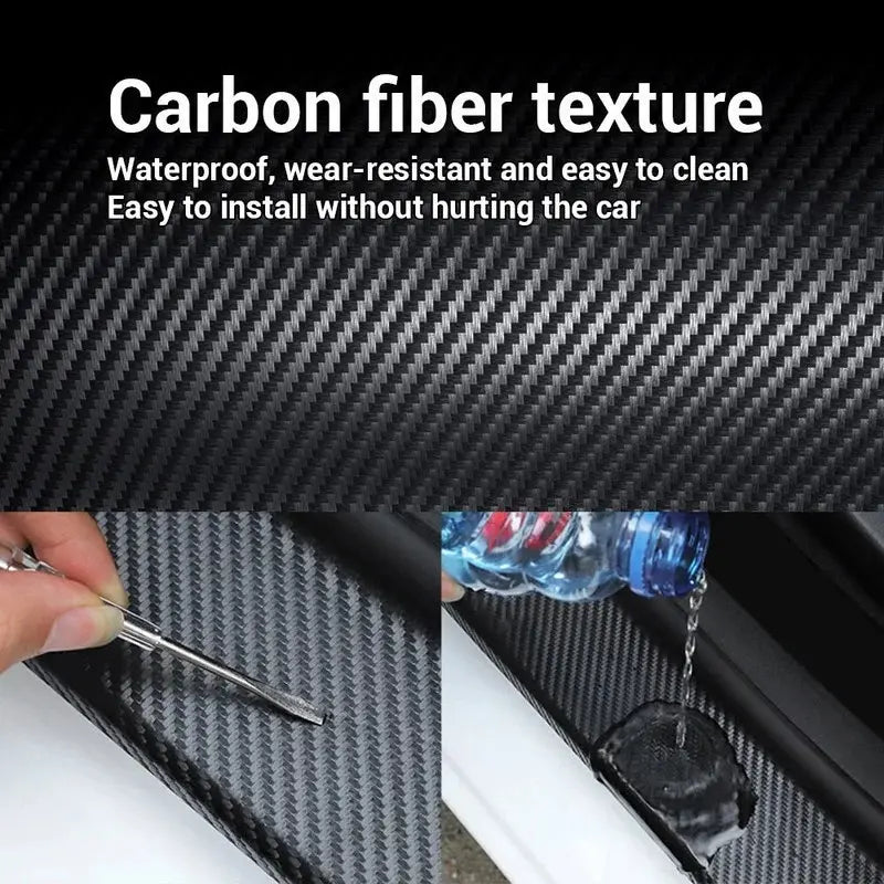 Car door protective film—scratch-resistant and impact-resistant 3D carbon fiber textured vinyl film with self-adhesive backing.