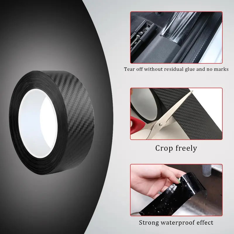 Car door protective film—scratch-resistant and impact-resistant 3D carbon fiber textured vinyl film with self-adhesive backing.