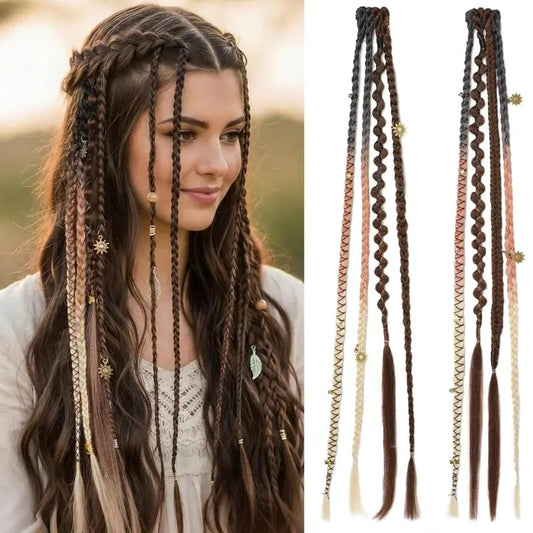 🌿🎨 Boho Braided Clip-in Braids with Beads – Easy Hairstyle Transformation for Festivals and Everyday Wear (✨2 pcs.)