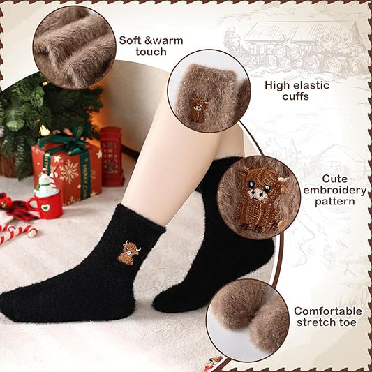🔥 Cute, warm plush socks for women with embroidered Highland cow motif