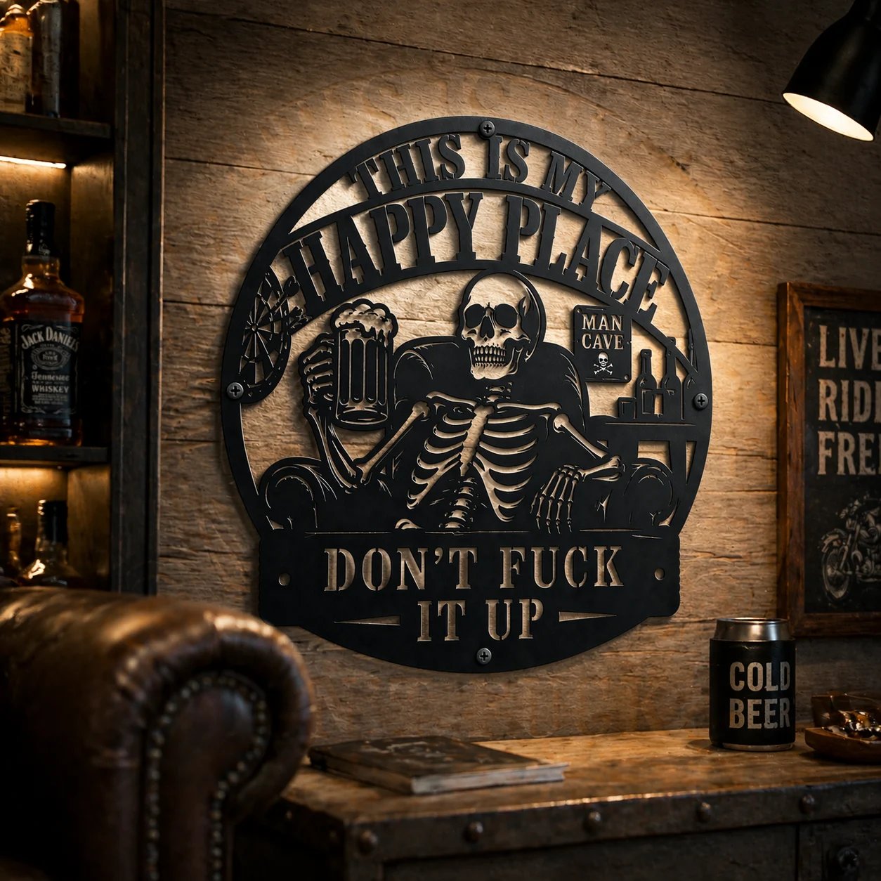 💀🍺 „Das ist mein Happy Place“ – Lustige Deko für die Männerhöhle