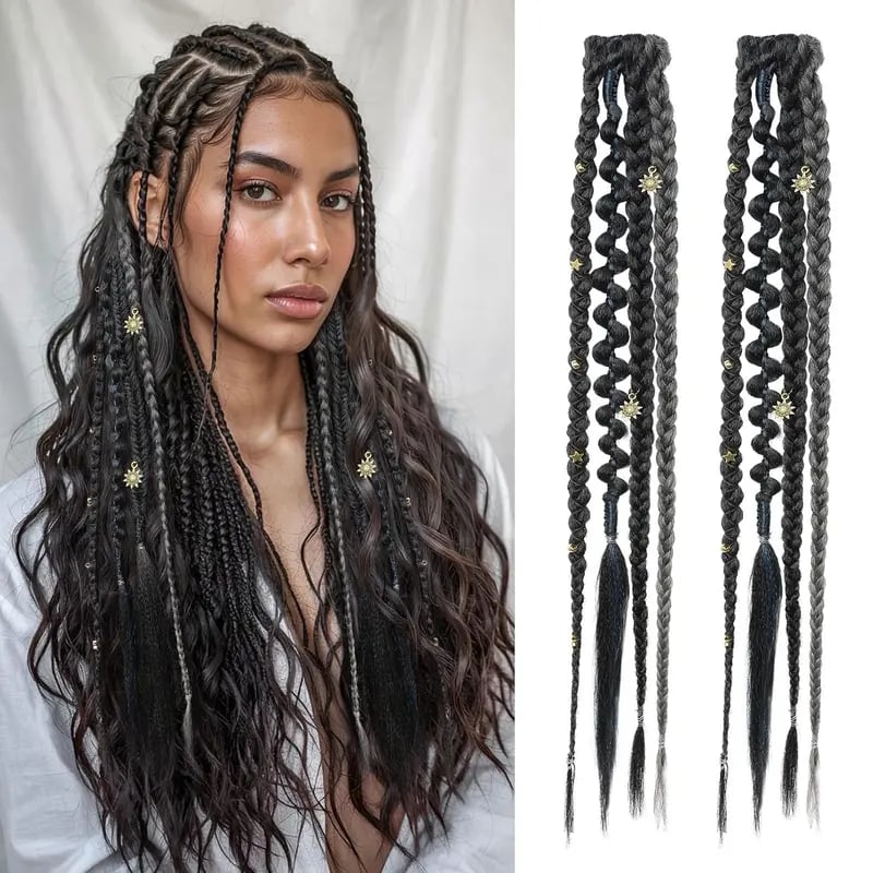 🌿🎨 Boho Braided Clip-in Braids with Beads – Easy Hairstyle Transformation for Festivals and Everyday Wear (✨2 pcs.)