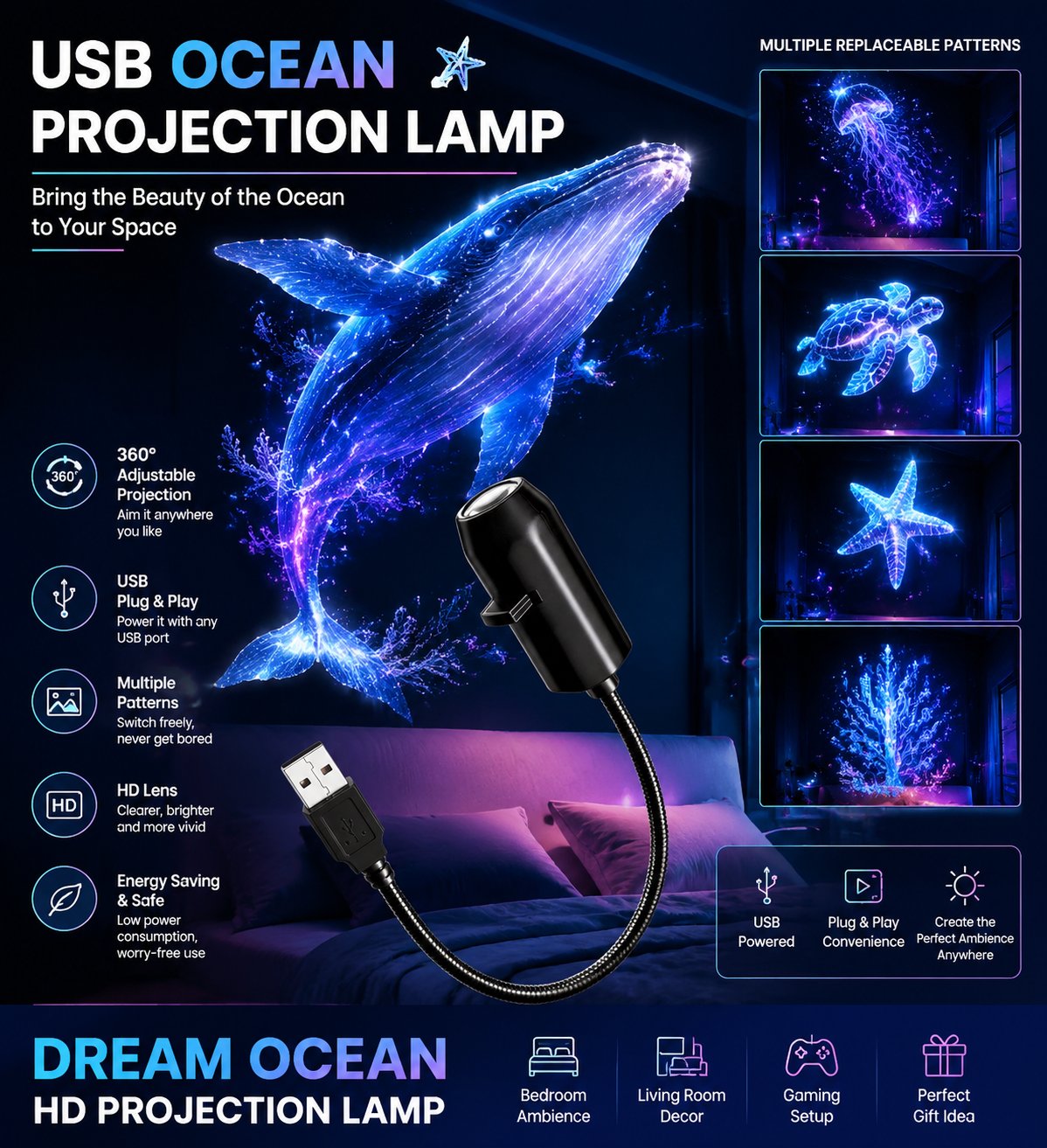 ✨Plug-and-play HD starry sky projector. 10 galaxy butterfly and ocean motifs