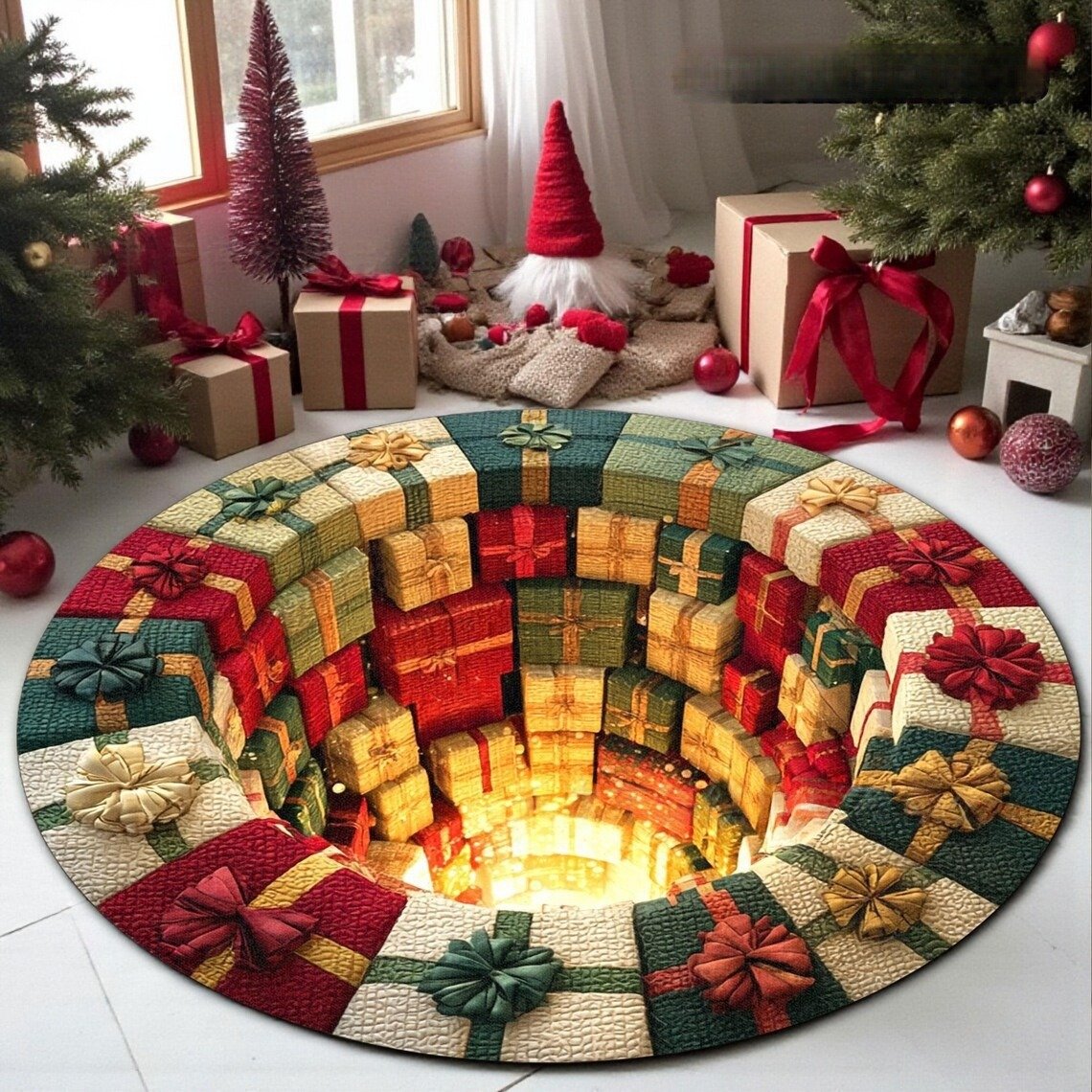🎄3D Christmas Gnome Optical Illusion Round Rug | Fun Festive Home Decor Must‐Have⭐🏠🎁