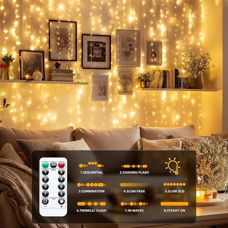 ✨ Remote Controlled LED Curtain Fairy Lights | 9.8×9.8ft