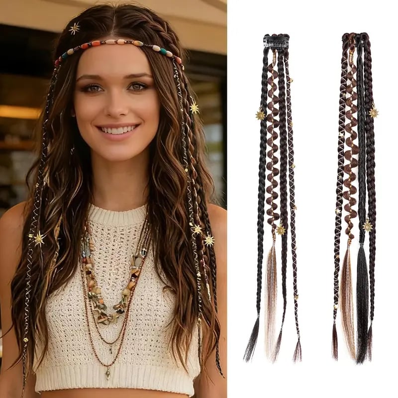 🌿🎨 Boho Braided Clip-in Braids with Beads – Easy Hairstyle Transformation for Festivals and Everyday Wear (✨2 pcs.)