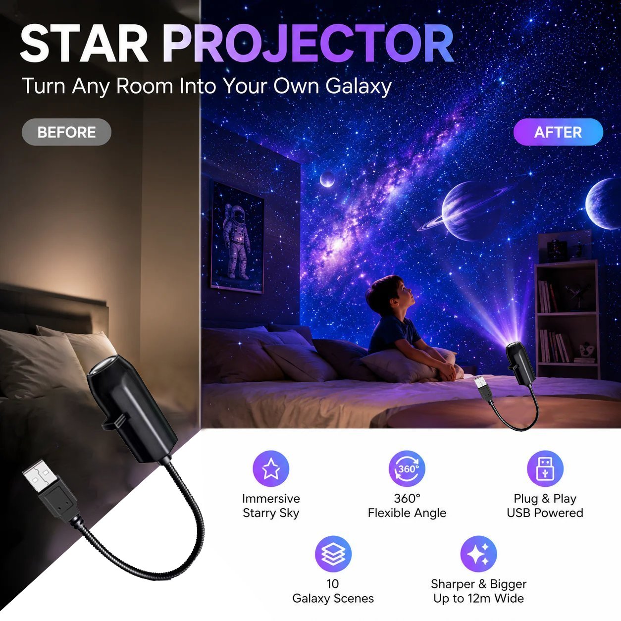 ✨Plug-and-play HD starry sky projector. 10 galaxy butterfly and ocean motifs