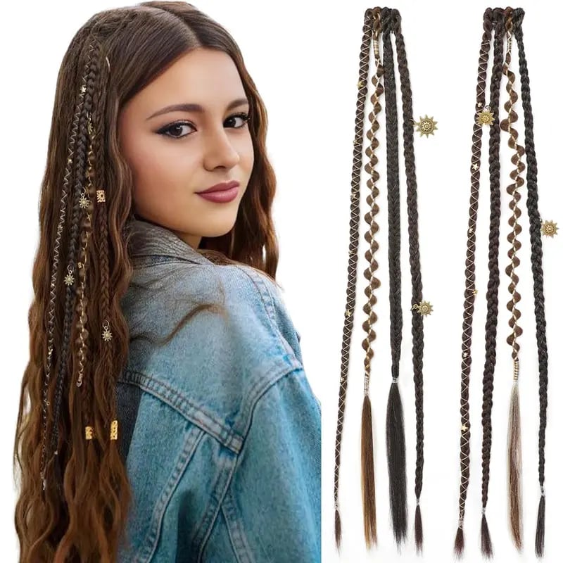 🌿🎨 Boho Braided Clip-in Braids with Beads – Easy Hairstyle Transformation for Festivals and Everyday Wear (✨2 pcs.)