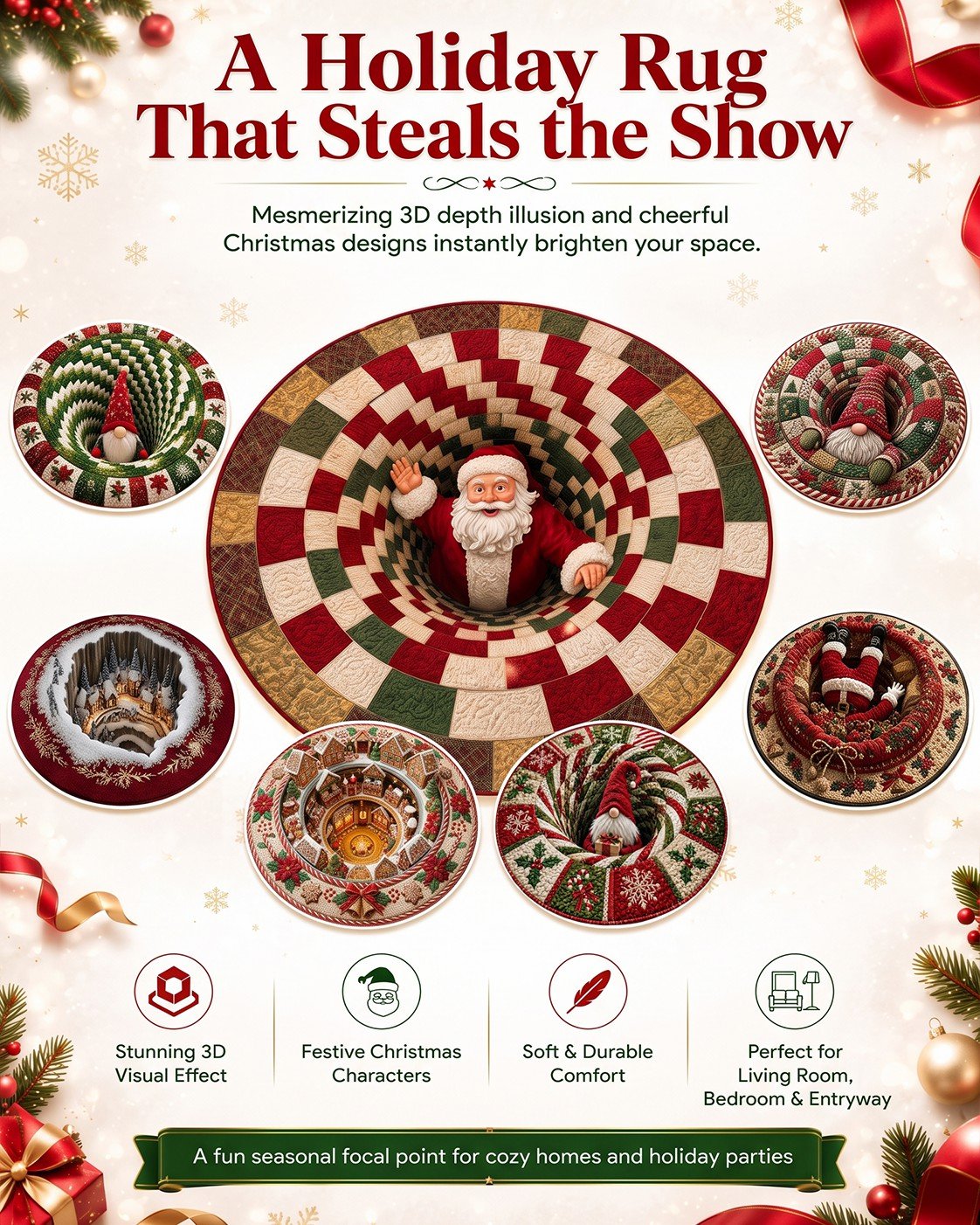 🎄3D Christmas Gnome Optical Illusion Round Rug | Fun Festive Home Decor Must‐Have⭐🏠🎁