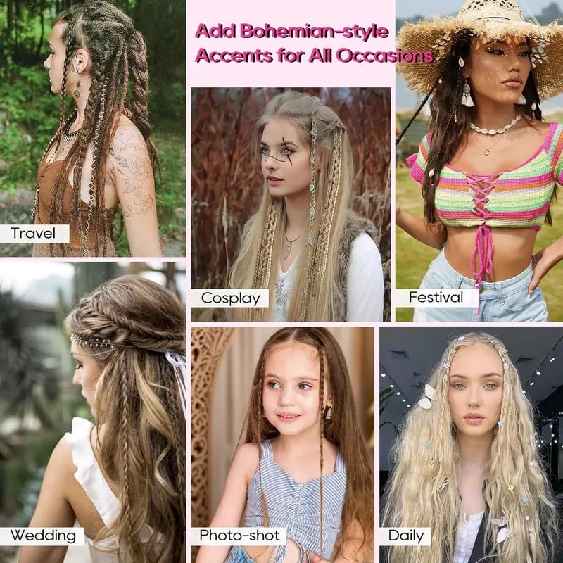 🌿🎨 Boho Braided Clip-in Braids with Beads – Easy Hairstyle Transformation for Festivals and Everyday Wear (✨2 pcs.)