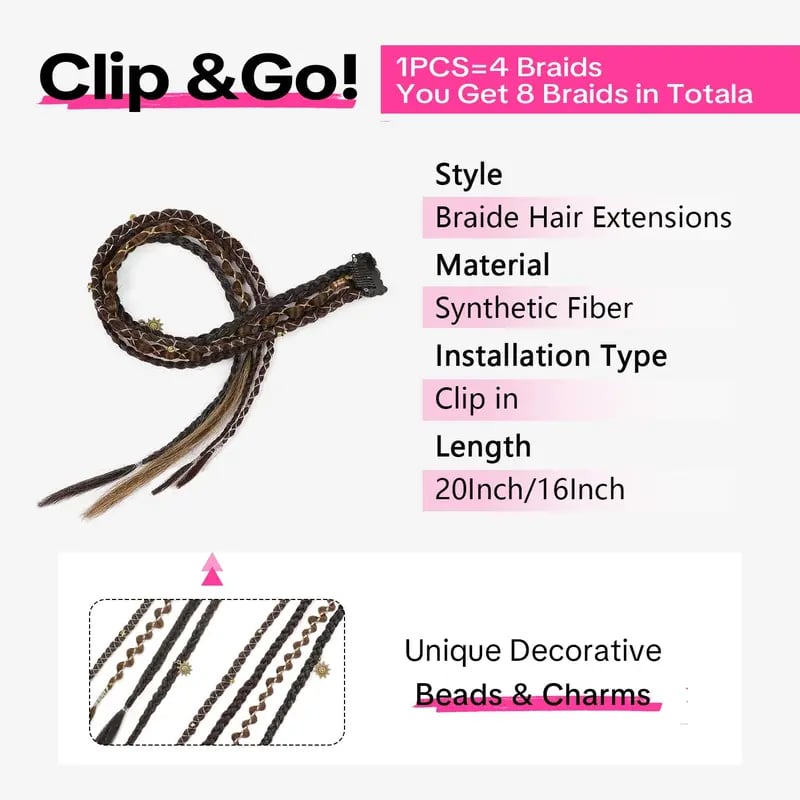 🌿🎨 Boho Braided Clip-in Braids with Beads – Easy Hairstyle Transformation for Festivals and Everyday Wear (✨2 pcs.)