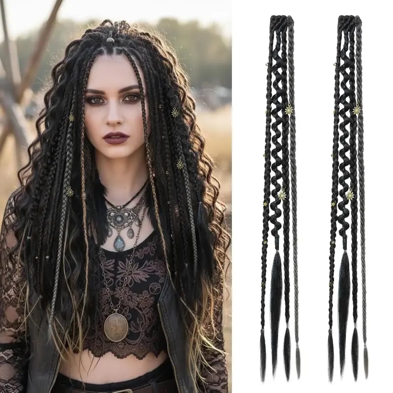 🌿🎨 Boho Braided Clip-in Braids with Beads – Easy Hairstyle Transformation for Festivals and Everyday Wear (✨2 pcs.)