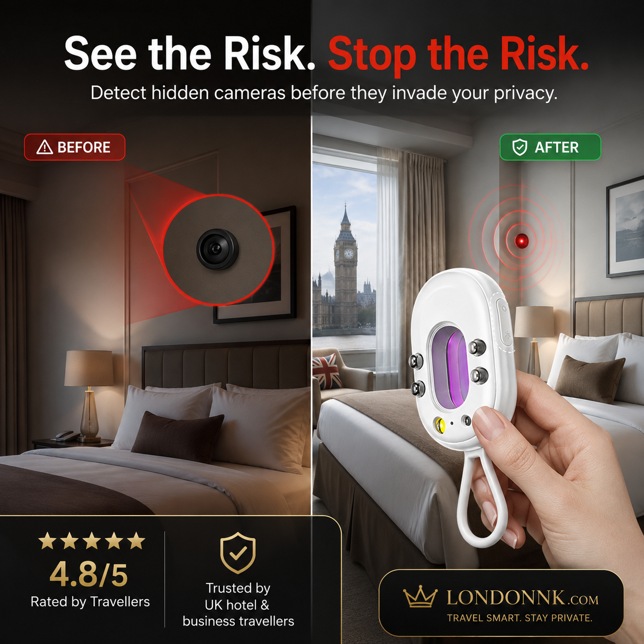 🥳2026 HOT SALE🥳💞50K+ SOLD!📡🔍 30% OFF! Smart Infrared Camera Detector – Finds hidden pinhole lenses instantly. LED flashlight & door alarm – travel with privacy & peace of mind! 🏨✨