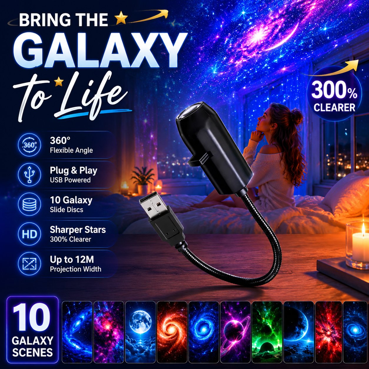 ✨Plug-and-play HD starry sky projector. 10 galaxy butterfly and ocean motifs