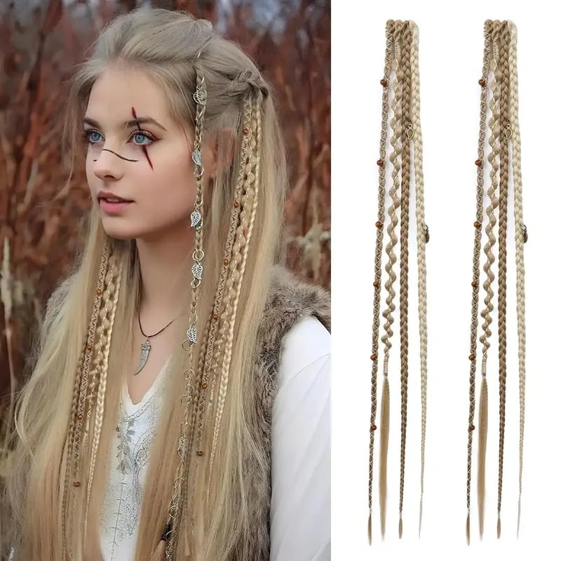 🌿🎨 Boho Braided Clip-in Braids with Beads – Easy Hairstyle Transformation for Festivals and Everyday Wear (✨2 pcs.)