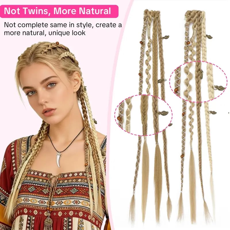 🌿🎨 Boho Braided Clip-in Braids with Beads – Easy Hairstyle Transformation for Festivals and Everyday Wear (✨2 pcs.)