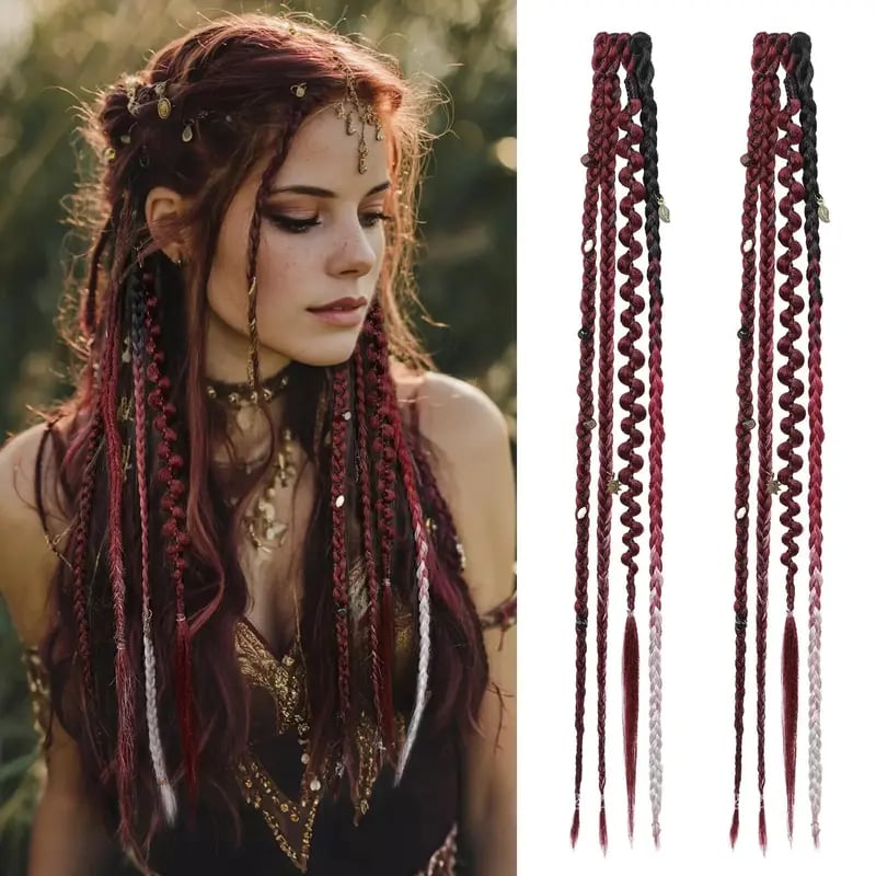🌿🎨 Boho Braided Clip-in Braids with Beads – Easy Hairstyle Transformation for Festivals and Everyday Wear (✨2 pcs.)