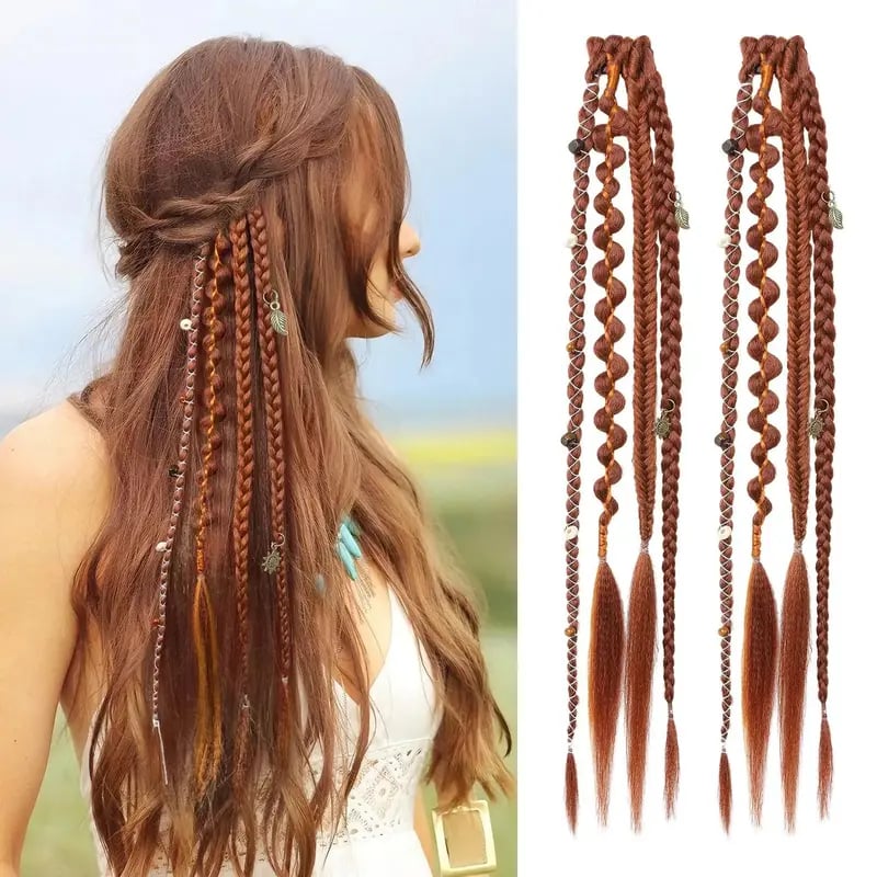 🌿🎨 Boho Braided Clip-in Braids with Beads – Easy Hairstyle Transformation for Festivals and Everyday Wear (✨2 pcs.)