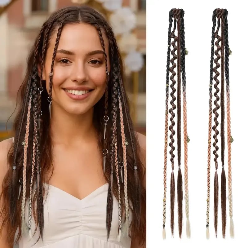 🌿🎨 Boho Braided Clip-in Braids with Beads – Easy Hairstyle Transformation for Festivals and Everyday Wear (✨2 pcs.)