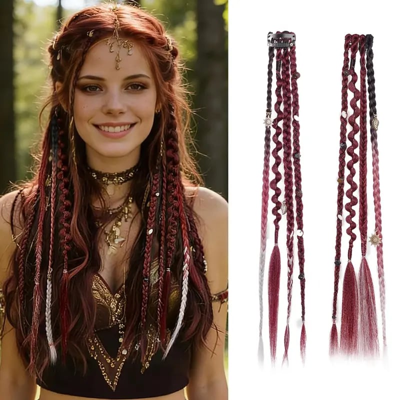 🌿🎨 Boho Braided Clip-in Braids with Beads – Easy Hairstyle Transformation for Festivals and Everyday Wear (✨2 pcs.)