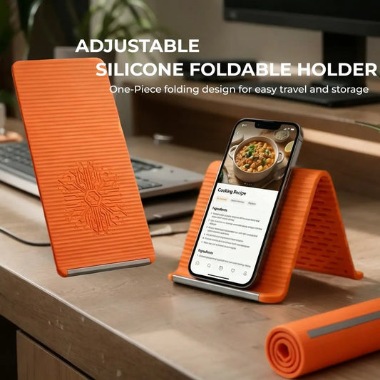 A flexible phone holder made of memory metal and silicone—bendable, rollable, and foldable.
