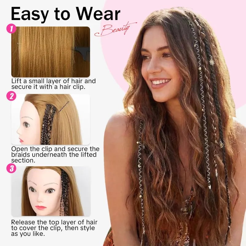 🌿🎨 Boho Braided Clip-in Braids with Beads – Easy Hairstyle Transformation for Festivals and Everyday Wear (✨2 pcs.)