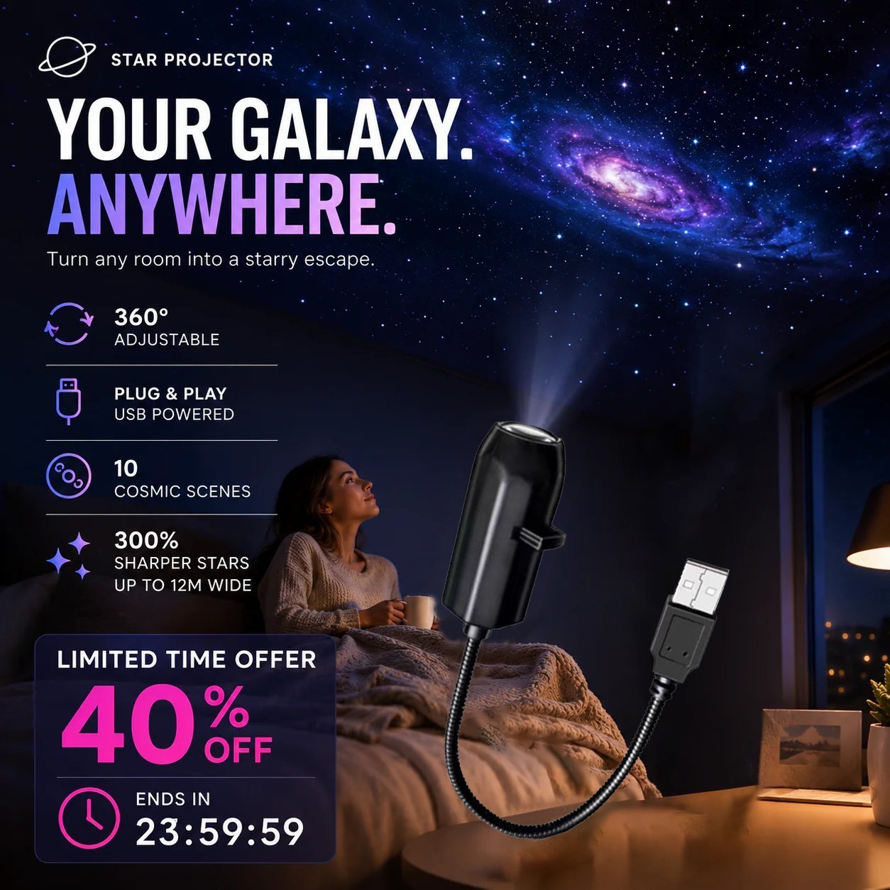 ✨Plug-and-play HD starry sky projector. 10 galaxy butterfly and ocean motifs