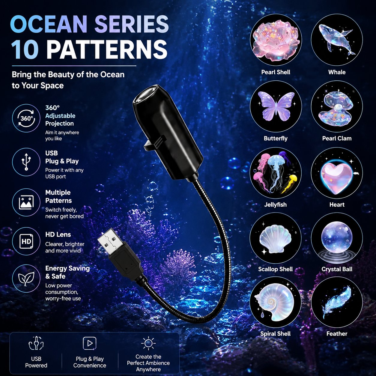 ✨Plug-and-play HD starry sky projector. 10 galaxy butterfly and ocean motifs