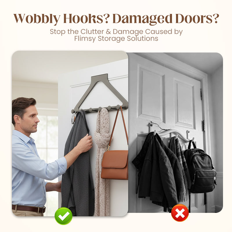 6-Hook Over-the-Door Rack, No Drilling | Heavy-Duty Carbon Steel, Tool-Free Installation & Instant Space Saving