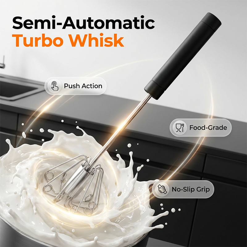 🍳A practical kitchen essential! This push-action whisk features a non-slip handle and durable stainless steel construction—all at an affordable price.