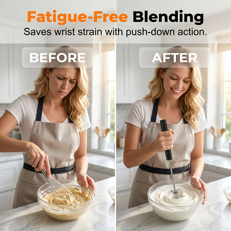 🍳A practical kitchen essential! This push-action whisk features a non-slip handle and durable stainless steel construction—all at an affordable price.