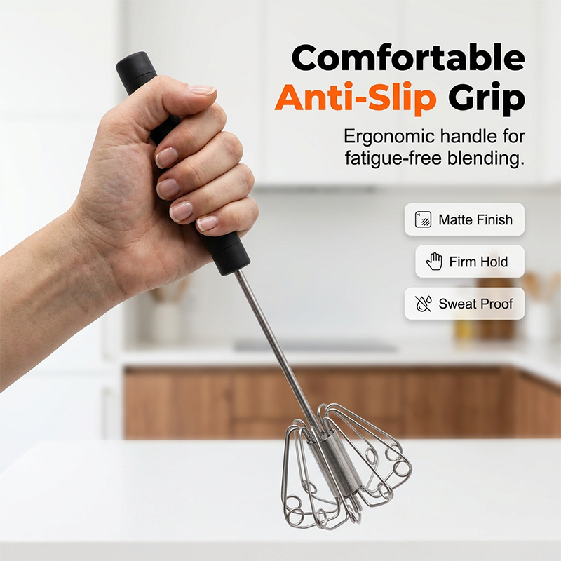 🍳A practical kitchen essential! This push-action whisk features a non-slip handle and durable stainless steel construction—all at an affordable price.