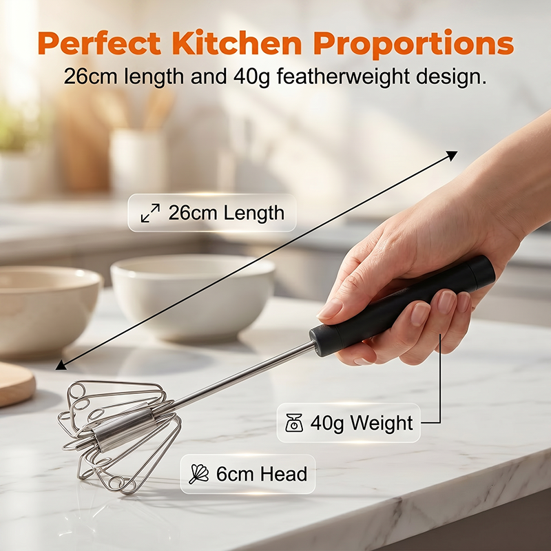 🍳A practical kitchen essential! This push-action whisk features a non-slip handle and durable stainless steel construction—all at an affordable price.