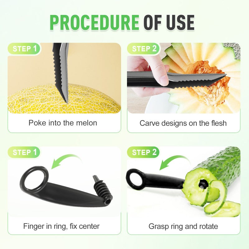 Spiral and V-tool duo for fruit decoration